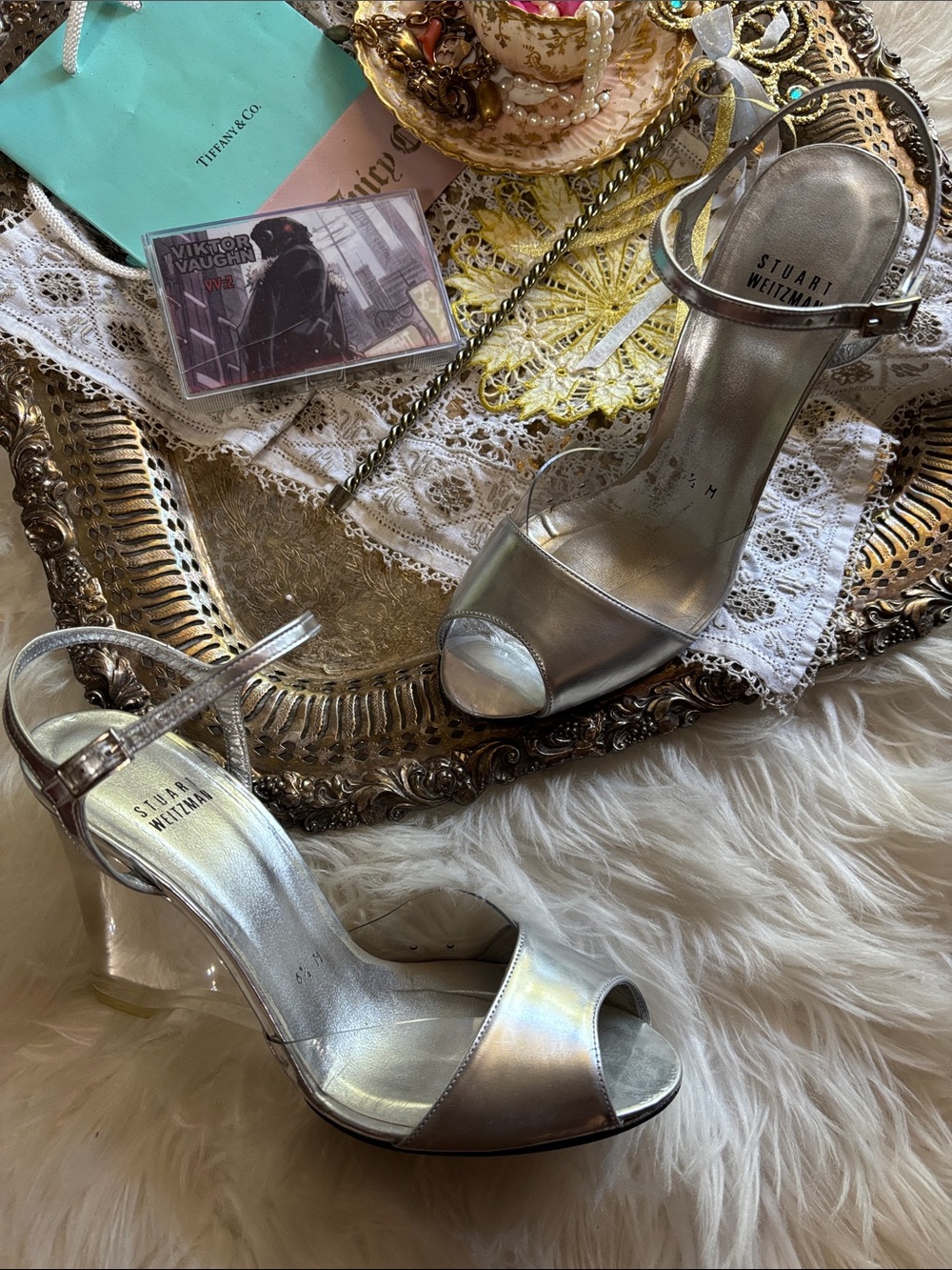 Y2K Stuart Weitzman Vintage Cinderella Wedge Heel Bride Silver Wedding 6.5 Hot